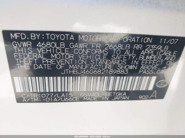 Aukcja sprzedaży 2008 Lexus Es 350, vin: JTHBJ46G682189883, numer aukcji: 45936648