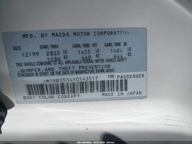 Aukcja sprzedaży 2000 Mazda Mx-5 Miata Ls/special Edition, vin: JM1NB3534Y0143517, numer aukcji: 45936652
