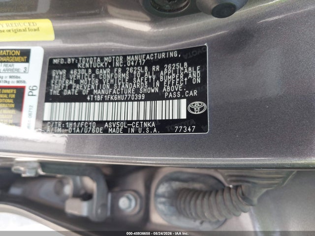 45936658 :رقم المزاد ، 4T1BF1FK6HU770399 vin ، 2017 Toyota Camry Le مزاد بيع