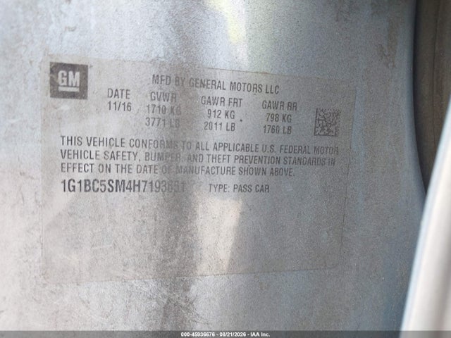 Aukcja sprzedaży 2017 Chevrolet Cruze Ls Auto, vin: 1G1BC5SM4H7193651, numer aukcji: 45936676