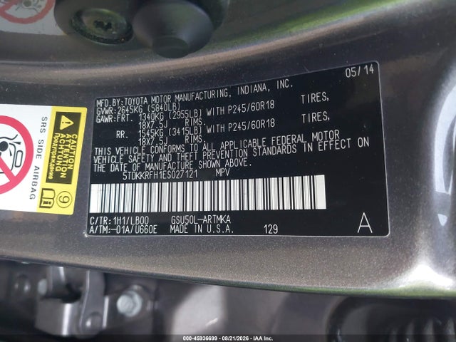 Toyota Highlander Xle V6 2014 5TDKKRFH1ES027121 Image 9