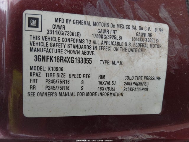 Продаж на аукціоні авто 1999 Chevrolet Suburban 1500 Lt, vin: 3GNFK16R4XG193055, номер лоту: 45936700