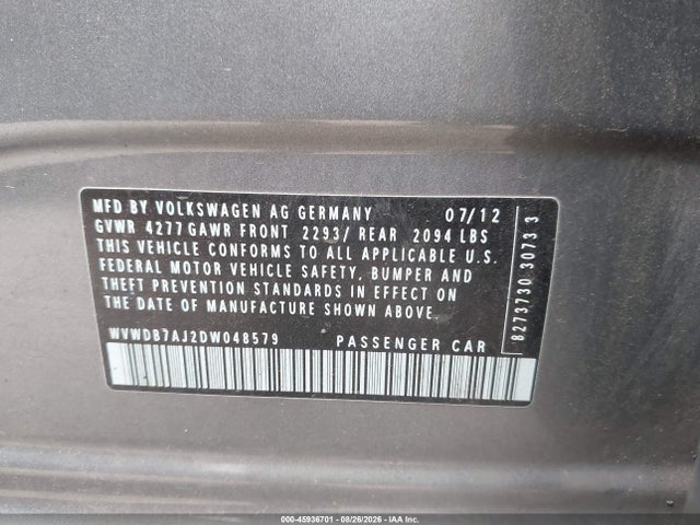 45936701 :رقم المزاد ، WVWDB7AJ2DW048579 vin ، 2013 Volkswagen Golf 2.5l 4-door مزاد بيع