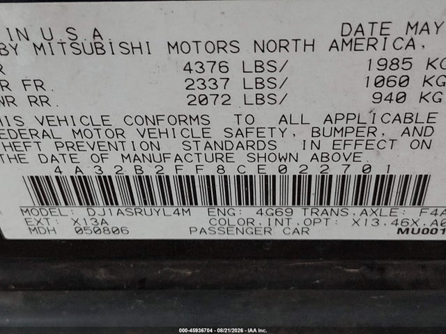 2012 Mitsubishi Galant Fe მანქანა იყიდება აუქციონზე, vin: 4A32B2FF8CE022701, აუქციონის ნომერი: 45936704