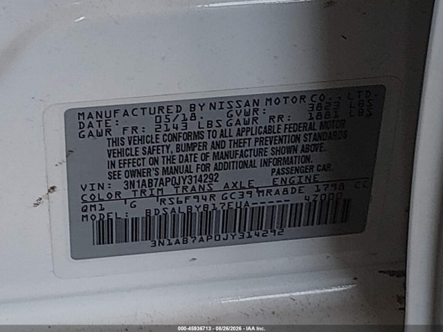 3N1AB7AP0JY314292 Nissan SENTRA S