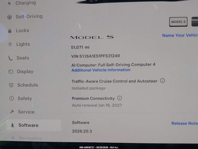 45936721 :رقم المزاد ، 5YJSA1E51PF531249 vin ، 2023 Tesla Model S Dual Motor All-wheel Drive/standard Range مزاد بيع