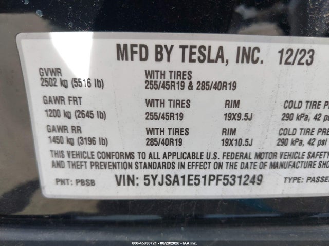 45936721 :رقم المزاد ، 5YJSA1E51PF531249 vin ، 2023 Tesla Model S Dual Motor All-wheel Drive/standard Range مزاد بيع