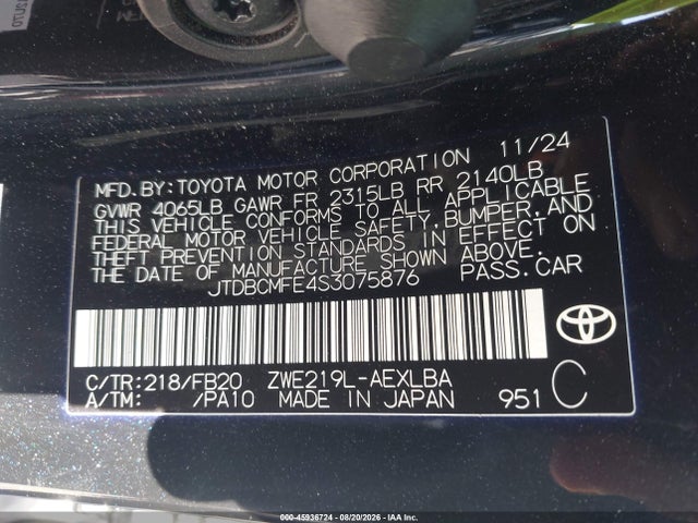 JTDBCMFE4S3075876 Toyota Corolla Hybrid Le