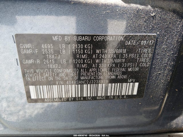 45936740 :رقم المزاد ، 4S4BSANC2J3238939 vin ، 2018 Subaru Outback 2.5i Limited مزاد بيع