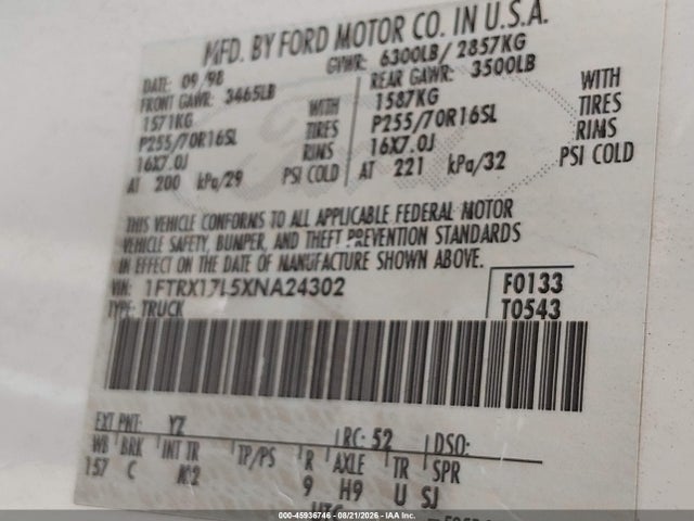 Продажа на аукционе авто 1999 Ford F-150 Lariat/xl/xlt, vin: 1FTRX17L5XNA24302, номер лота: 45936746
