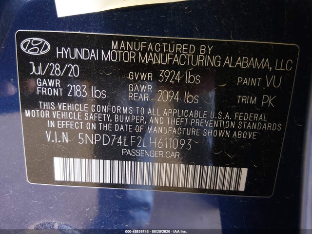 Aukcja sprzedaży 2020 Hyundai Elantra Se, vin: 5NPD74LF2LH611093, numer aukcji: 45936748