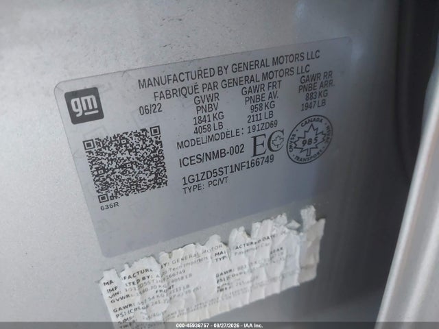 45936757 :رقم المزاد ، 1G1ZD5ST1NF166749 vin ، 2022 Chevrolet Malibu Lt مزاد بيع