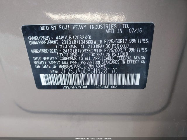 Aukcja sprzedaży 2016 Subaru Forester 2.5i Premium, vin: JF2SJADC8GH428170, numer aukcji: 45936763