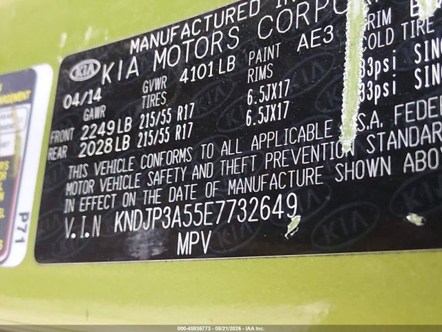 45936773 :رقم المزاد ، KNDJP3A55E7732649 vin ، 2014 Kia Soul + مزاد بيع
