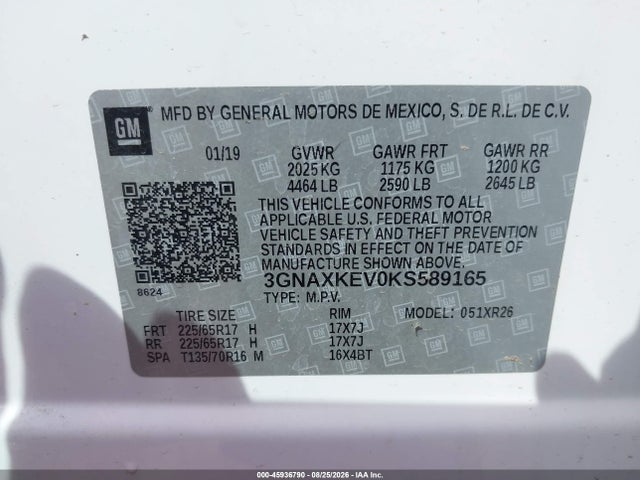45936790 :رقم المزاد ، 3GNAXKEV0KS589165 vin ، 2019 Chevrolet Equinox Lt مزاد بيع