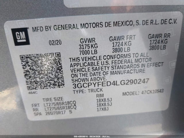 2020 Chevrolet Silverado 1500 4wd  Short Bed Lt Trail Boss მანქანა იყიდება აუქციონზე, vin: 3GCPYFED4LG290247, აუქციონის ნომერი: 45936816