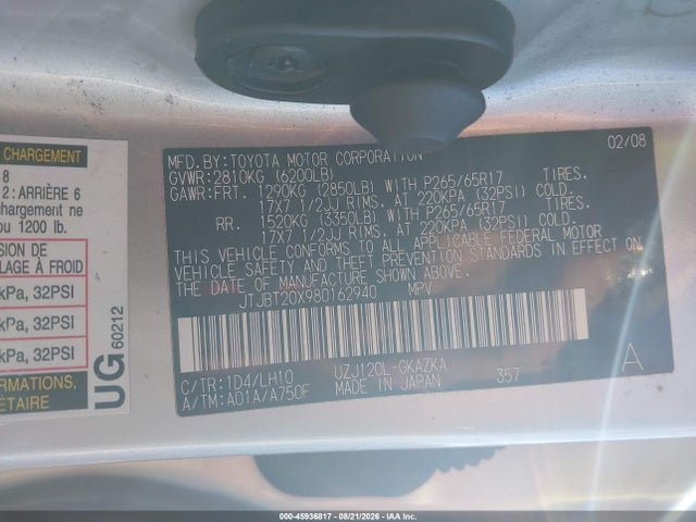 45936817 :رقم المزاد ، JTJBT20X980162940 vin ، 2008 Lexus Gx 470 مزاد بيع