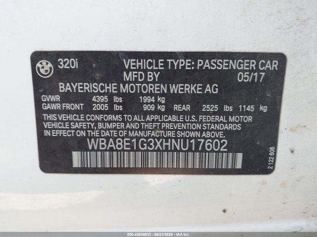 Продажа на аукционе авто 2017 Bmw 320i, vin: WBA8E1G3XHNU17602, номер лота: 45936832
