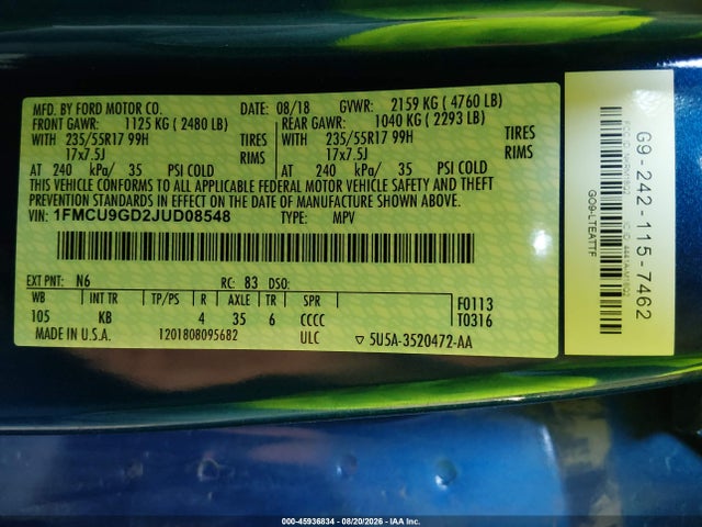 Aukcja sprzedaży 2018 Ford Escape Se, vin: 1FMCU9GD2JUD08548, numer aukcji: 45936834