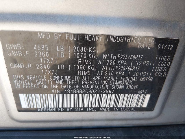 45936850 :رقم المزاد ، 4S4BRBPC9D3273867 vin ، 2013 Subaru Outback 2.5i Limited مزاد بيع