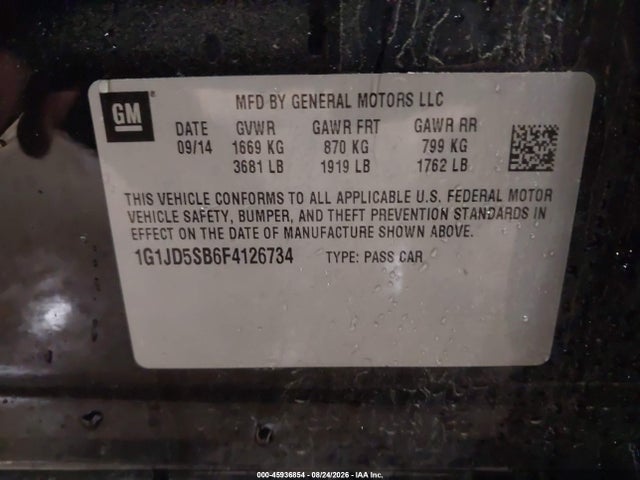 Продаж на аукціоні авто 2015 Chevrolet Sonic Lt Manual, vin: 1G1JD5SB6F4126734, номер лоту: 45936854