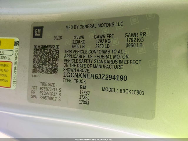 45936866 :رقم المزاد ، 1GCNKNEH6JZ294190 vin ، 2018 Chevrolet Silverado 1500 Wt مزاد بيع
