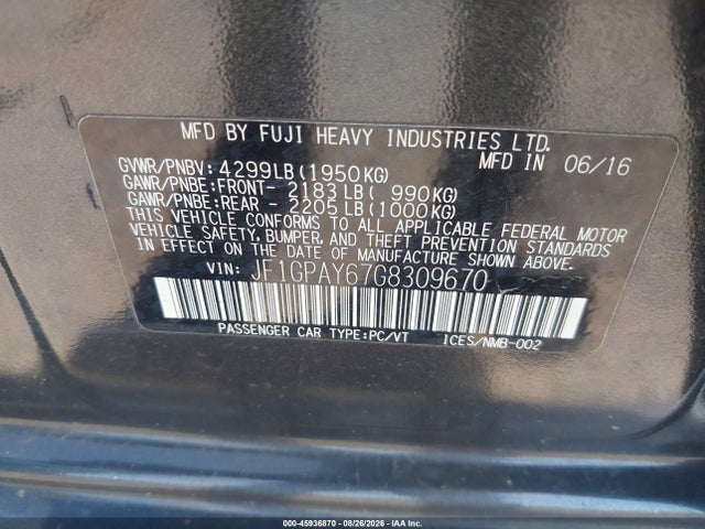 2016 Subaru Impreza 2.0i Sport Limited მანქანა იყიდება აუქციონზე, vin: JF1GPAY67G8309670, აუქციონის ნომერი: 45936870