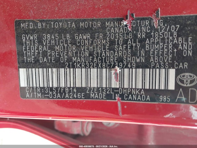 Aukcja sprzedaży 2008 Toyota Matrix Xr, vin: 2T1KR32EX8C719749, numer aukcji: 45936878
