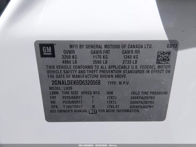 Продажа на аукционе авто 2013 Chevrolet Equinox 1lt, vin: 2GNALDEK6D6320568, номер лота: 45936883