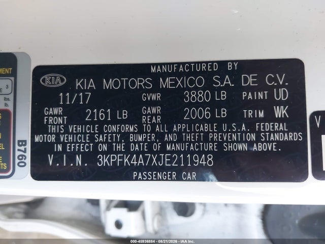 Aukcja sprzedaży 2018 Kia Forte Lx, vin: 3KPFK4A7XJE211948, numer aukcji: 45936884