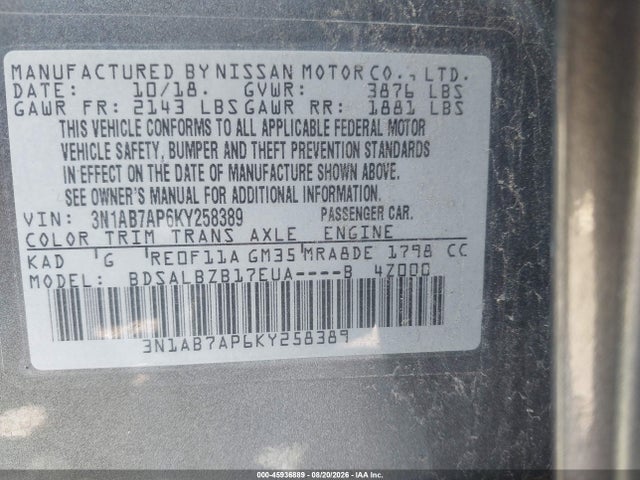 45936889 :رقم المزاد ، 3N1AB7AP6KY258389 vin ، 2019 Nissan Sentra S مزاد بيع