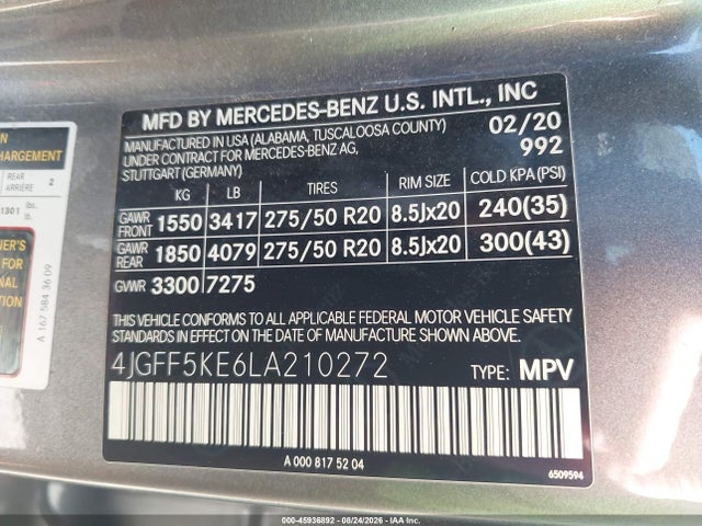 Aukcja sprzedaży 2020 Mercedes-benz Gls 450 4matic, vin: 4JGFF5KE6LA210272, numer aukcji: 45936892