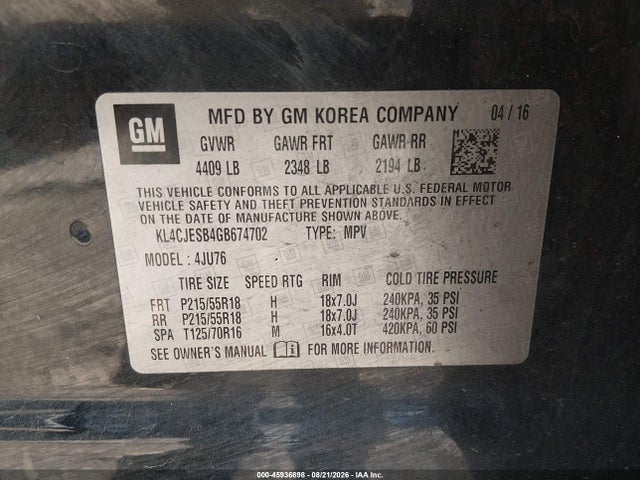 2016 Buick Encore მანქანა იყიდება აუქციონზე, vin: KL4CJESB4GB674702, აუქციონის ნომერი: 45936898