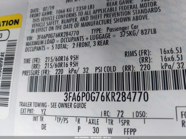 Ford Fusion 2019 3FA6POG76KR284770 Image 9