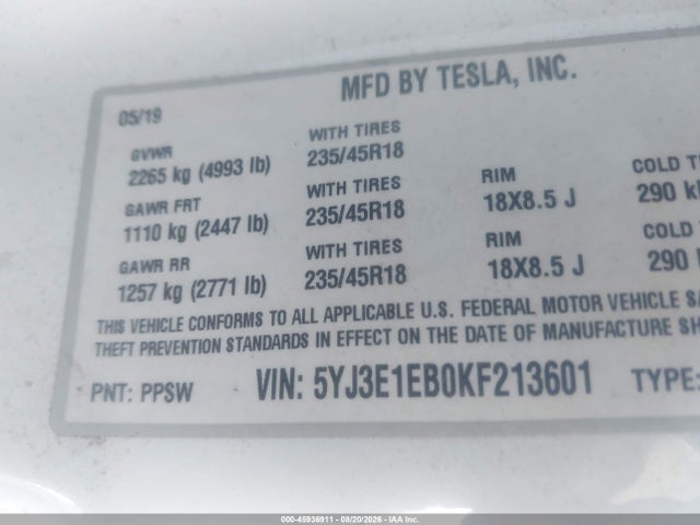 Tesla Model 3 Long Range/performance 2019 5YJ3E1EB0KF213601 Image 9