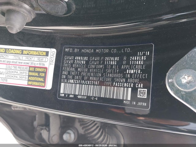 Продаж на аукціоні авто 2018 Honda Clarity Plug-in Hybrid, vin: JHMZC5F19JC022167, номер лоту: 45936912