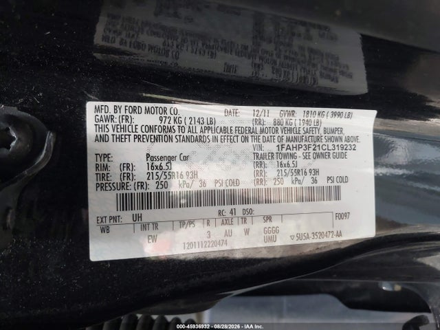 Aukcja sprzedaży 2012 Ford Focus Se, vin: 1FAHP3F21CL319232, numer aukcji: 45936932