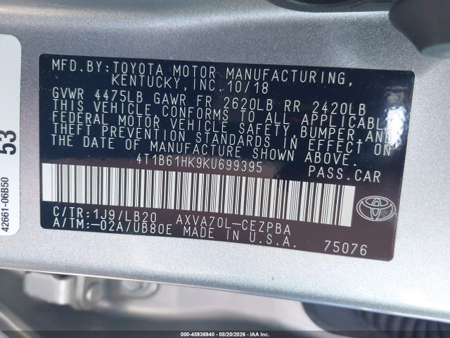 4T1B61HK9KU699395 Toyota CAMRY XSE