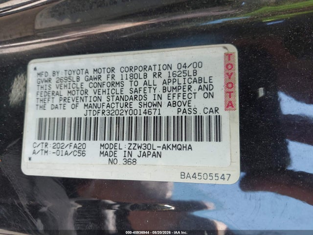 Продаж на аукціоні авто 2000 Toyota Mr2 Spyder, vin: JTDFR3202Y0014671, номер лоту: 45936944