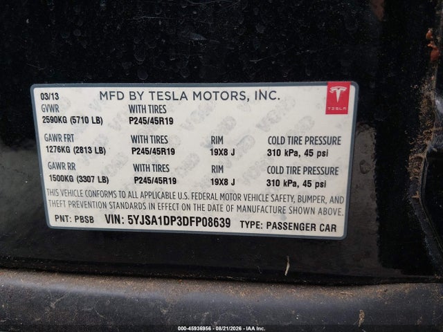 Продажа на аукционе авто 2013 Tesla Model S Performance, vin: 5YJSA1DP3DFP08639, номер лота: 45936956