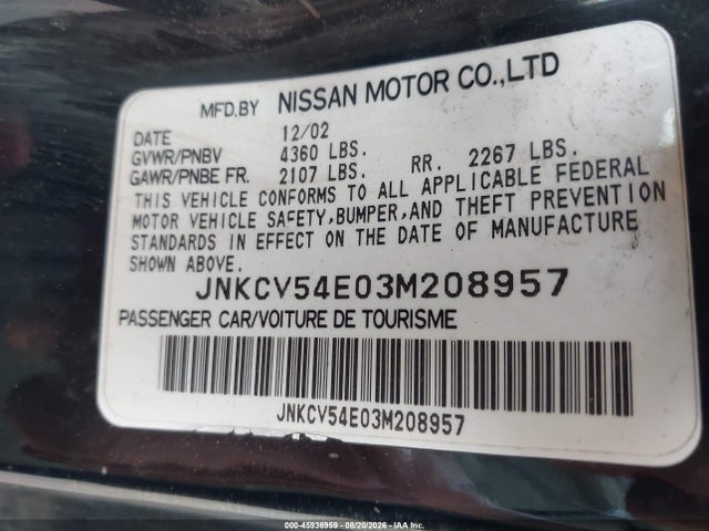 Aukcja sprzedaży 2003 Infiniti G35 Base W/6 Speed Manual, vin: JNKCV54E03M208957, numer aukcji: 45936959