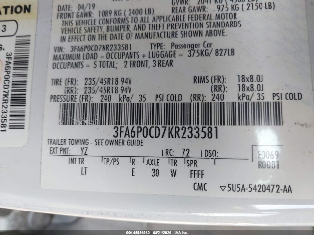 Продаж на аукціоні авто 2019 Ford Fusion Sel, vin: 3FA6P0CD7KR233581, номер лоту: 45936960
