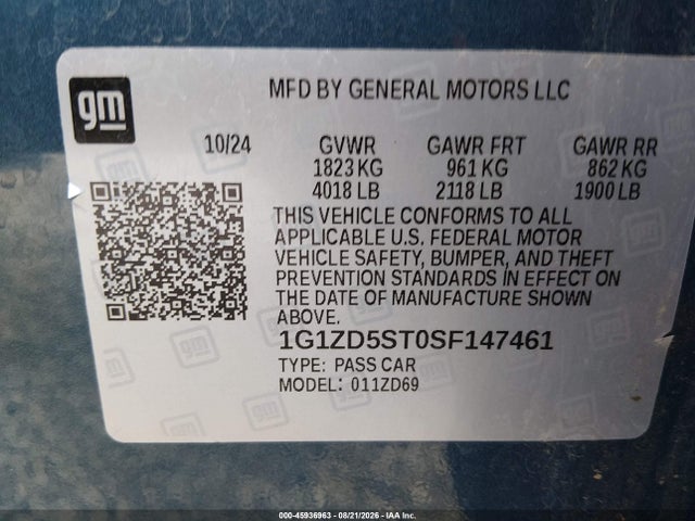 1G1ZD5ST0SF147461 Chevrolet Malibu Fwd 1lt
