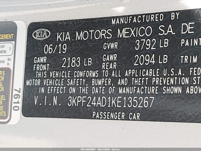 Aukcja sprzedaży 2019 Kia Forte Lxs, vin: 3KPF24AD1KE135267, numer aukcji: 45936967