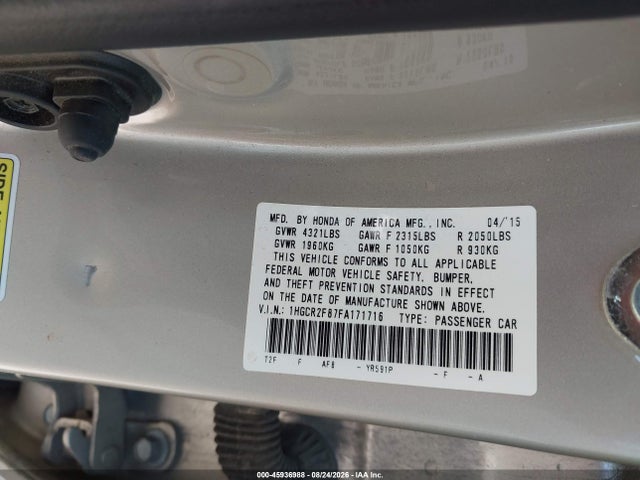 45936988 :رقم المزاد ، 1HGCR2F87FA171716 vin ، 2015 Honda Accord Ex-l مزاد بيع