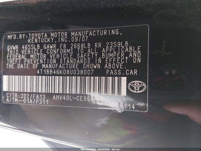 2008 Toyota Camry Hybrid მანქანა იყიდება აუქციონზე, vin: 4T1BB46K08U038007, აუქციონის ნომერი: 45936995