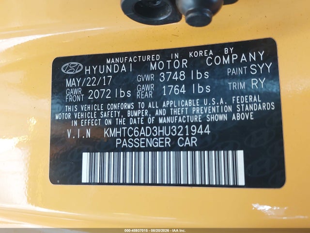 45937015 :رقم المزاد ، KMHTC6AD3HU321944 vin ، 2017 Hyundai Veloster Value Edition مزاد بيع