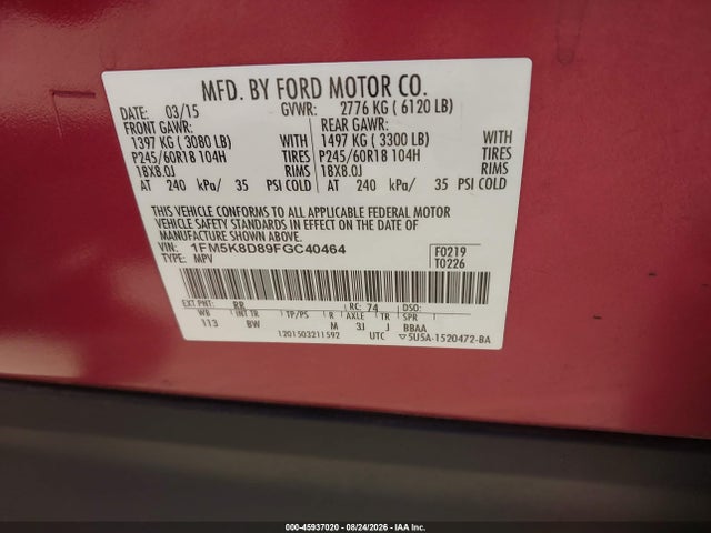 Aukcja sprzedaży 2015 Ford Explorer Xlt, vin: 1FM5K8D89FGC40464, numer aukcji: 45937020