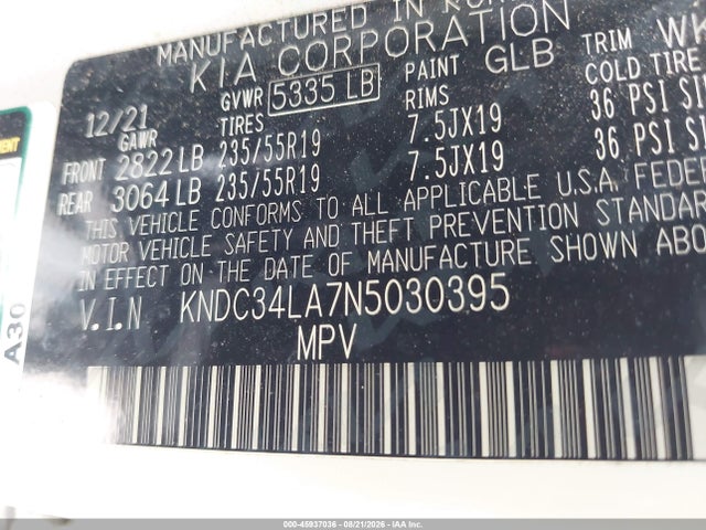 45937036 :رقم المزاد ، KNDC34LA7N5030395 vin ، 2022 Kia Ev6 Wind مزاد بيع