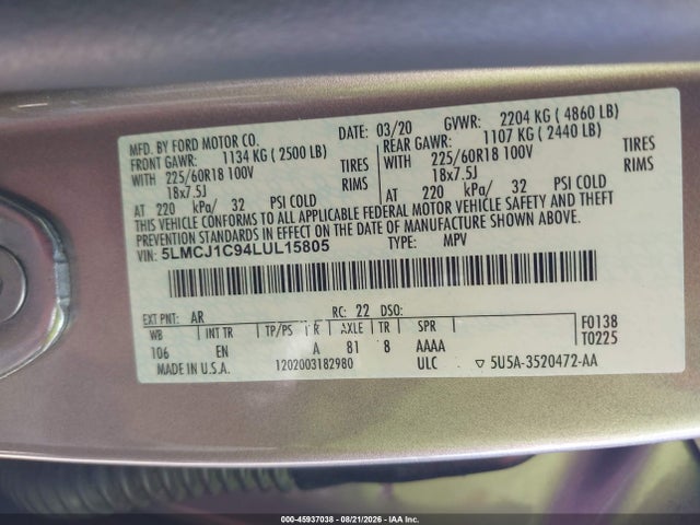 Продаж на аукціоні авто 2020 Lincoln Corsair Standard, vin: 5LMCJ1C94LUL15805, номер лоту: 45937038